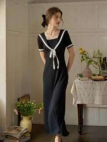Simple Retro Women's Spring And Summer Models Navy Collar Front Middle Tie Knot Black And White Collision Romantic Elegant Retro Temperament Slim Short-Sleeved MIDI Dresses - Black - View 1
