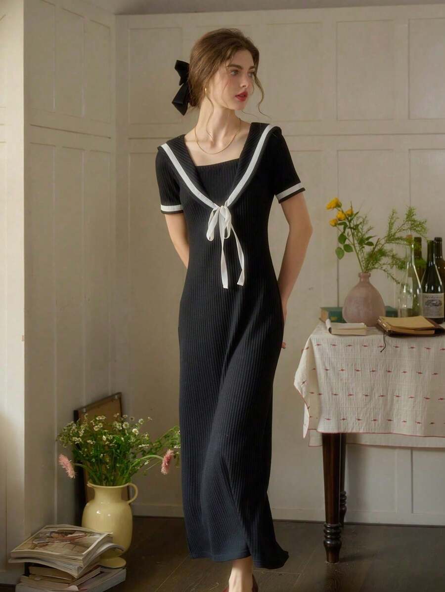 Simple Retro Women's Spring And Summer Models Navy Collar Front Middle Tie Knot Black And White Collision Romantic Elegant Retro Temperament Slim Short-Sleeved MIDI Dresses - Black - View 1