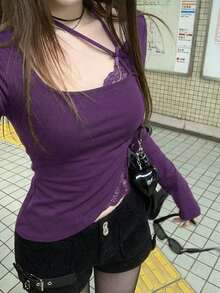 性感撞色蕾丝长袖T恤，修身剪裁，优雅时尚，春季必备 - 紫色 - 查看 3