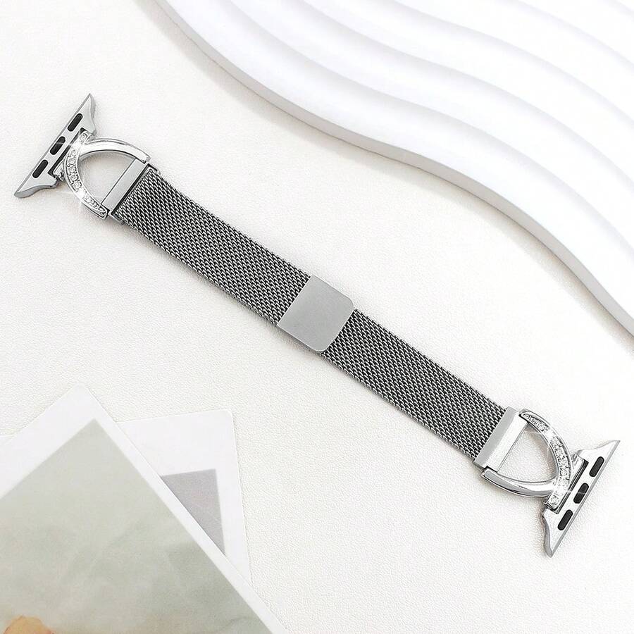 1pc Rhinestone Studded Stainless Steel Milanese Magnetic Band, Compatible With Series 1-9 & SE, Fashionable Design With Texture, 38mm-49mm Compatible, Apple Accessory - Silver - View 1