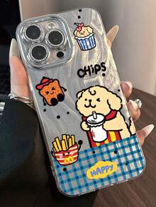 1pc Silver Electroplated Glitter Blue Plaid French Fries Puppy Phone Case With 3D Metal Stand, Compatible With IPhone 11/12/13/14/15/16/17/Pro Max - Silver - View 2