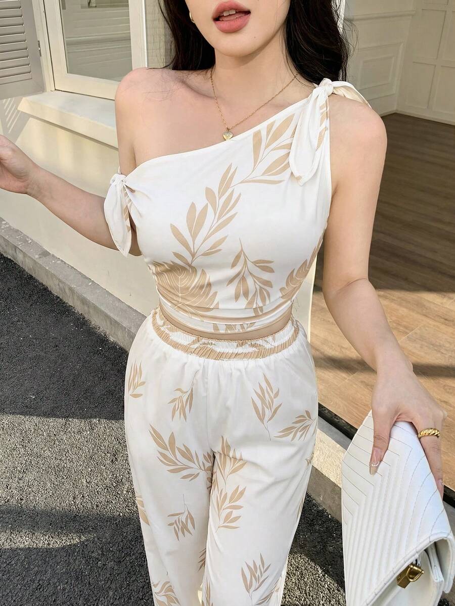 abyoxi 2pcs/Set Asymmetric Neckline Tie-Waist Casual Top & Wide Leg Pants, Sexy Yellow Outfit For Commute, Beach, Spring/Summer - Apricot Flower - View 1