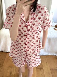 Pure Slumber 2pcs Women Heart Print Cardigan Pajama Set, Suitable For Spring/Summer - Pink - View 4