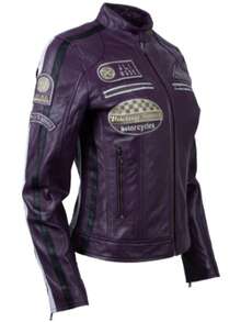 AVIATRIX Women's Real Leather Biker Jacket Purple QOOC - Purple - View 3