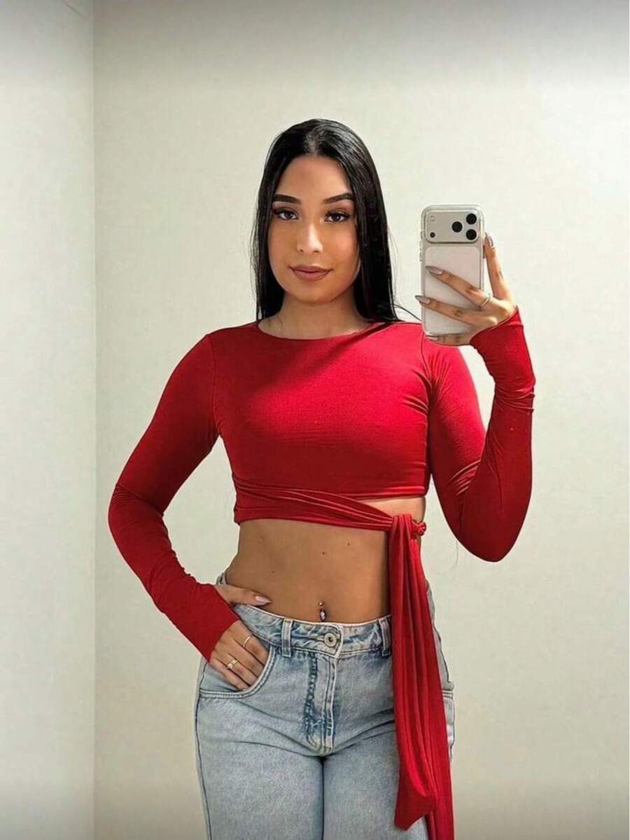 Women's Cropped Blouse In Spandex With Long Sleeves And Waist Tie, Tummy Controls, Comfortable, Autumn/Winter Fashion (Foreign Style) - 紅色 - 查看 1