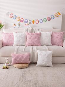 1pc White Easter Bunny Pillow Cover, Cute Fluffy Rabbit Embroidered Farmhouse Style Cushion Cover Suitable For Living Room, Dining Room, Sofa, Bed - White - View 2