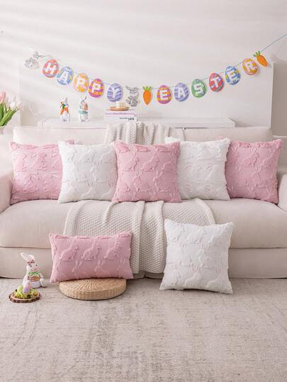 1 件白色复活节兔子抱枕套，可爱蓬松兔子刺绣农舍风格靠垫套，适用于客厅、餐厅、沙发、床。