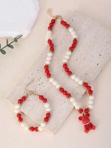 两件套幸运红色小熊软糖首饰套装，新年礼物，适合女孩和青少年，项链和手链，配有闪亮的红色和白色珠子吊坠 - 放 - 查看 4