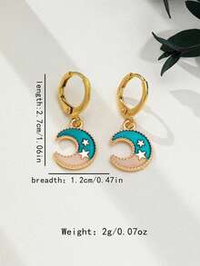 1 Par de Brincos Pendentes de Alta Qualidade com Estampa de Estrela e Lua para Mulheres, Acessórios da Moda com Esquema de Cores Estiloso, Adequado para Uso Diário e Presente em Festivais - Verde - Visão 5