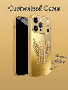 1pc Customized Diamond 26 Letter DIY Name, Fashion High-End Crown Wing Design, TPU Soft Edge + Back Tempered Glass Material Phone Case Compatible With Samsung S24 Ultra/S25 Ultra And Apple 17 ProMax/16 ProMax/15 Pro/14 Plus/13 Pro/12 Pro Max/11/Xs Max/8/7/6 Plus Phone Accessories,International Version, Not The Domestic Version - Gold - View 7