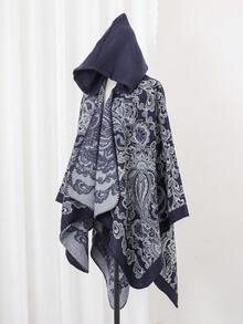 一件佩斯利花纹提花休闲简约连帽斗篷，日常穿着 - 彩色 - 查看 4
