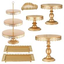 7-Piece Golden Cake Stand Set (Includes 3-Tier Stand, Heart-Shaped & Rectangular Trays) | Multi-Size Dessert Display Set (Largest 42cm) | For Weddings, Birthdays, Christmas, Afternoon Tea | Metal With Lace Embossed Design, Premium Dessert Table Serving Collection - Vàng - Xem 2