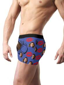 1 Pc Custom Men's Boxer Briefs, Personalized Face Customization, Printed With Christmas Elements Such As Snowflakes And Christmas Trees, As Well As Customizable Character Patterns. Personalized Photo Men's Boxer Shorts, Sweet And Romantic Long Men's Underwear, A Gift For Your Beloved, Anniversary Gift, Wedding Gift, Couple Gift, Best Friend Gift, Boyfriend/Husband/His Gift - Màu xanh lam - Xem 4