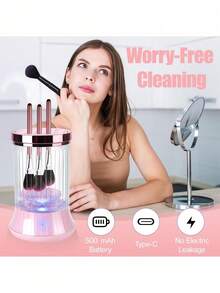 二合一电动化妆刷清洁器，集清洁和烘干功能于一体，防水设计，配有收纳支架，500mAh USB充电式电动化妆刷清洁器，自动旋转深度清洁，搭配高效清洁垫，适用于各种尺寸和款式的化妆刷，包括眼影刷和腮红刷，是懒散人士必备的高效清洁美容工具，也是送给女性的理想圣诞礼物。 - 彩色 - 查看 9