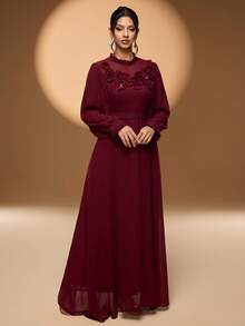 Elegant Women's Long Burgundy Dress With Extra-Long Regular Sleeves Round Neck And Beaded 3D Rose Details Perfect For Party Wear, Valentine's Day Wedding Spring - Burgundy - View 6