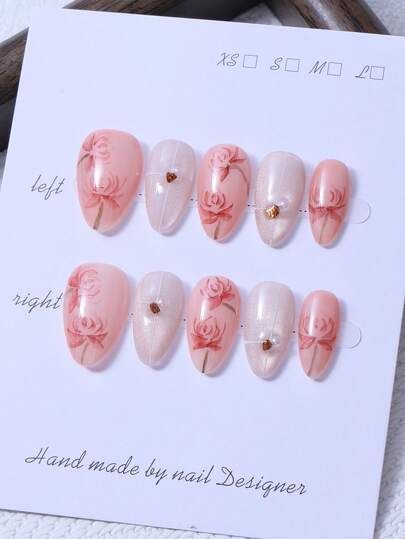 10 pegatinas de uñas con forma de almendra hechas a mano, con estilo Y2K que incluye rosa claro, líneas de rosas dibujadas a mano y decoraciones de perlas, incluye 1 pieza de gel de gelatina y 1 pieza de lima de uñas. Adecuado para la vida diaria y los looks del festival de Coachella, se puede usar para pegatinas de uñas y productos para el cuidado de las uñas.