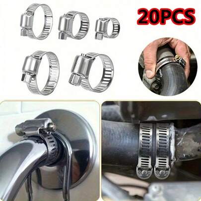 5pcs Adjustable Stainless Steel Hose Clamp Set, 5 Sizes, Corrosion Resistant, Suitable For Secure Connections On Automotive, Plumbing And Pneumatic Hoses