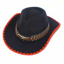 Western Style Cowgirl Cap Stylish Pentagram Leather Belt Decorated Wide Brimmed Fedora Hat For Men Women Outdoor Wear - Đen-2 - Xem 8