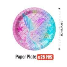 美人鱼主题一次性餐盘、餐巾纸、纸杯 - 一次性派对用品套装，可供25位客人使用，一次性纸盘，派对餐具，适用于生日、婚礼、主题派对、家庭野餐 - 彩色 - 查看 10
