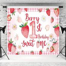 2D - A Unique 2D Birthday Parties - Pink Decoration With Words Berry 1st Birthday, Adorned With Strawberries And Flowers, Children's Joyful Celebrations. Suitable As A Holiday Background - 彩色 - 查看 5