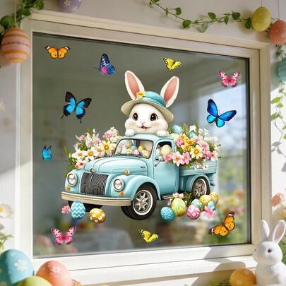 1/2pcs Easter Bunny Window Clings Static Glass Stickers Cute Rabbit In Truck With Eggs Butterflies Decals For Spring Home Decor Removable PVC Film Seasonal Ornaments