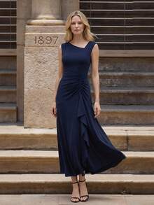 Elegant Long Asymmetrical Neck Ruched Bust Cap Sleeve Detail High Stretch Fabric Bridesmaid Dress Or Party And Classy Event - Navy Blue - View 1