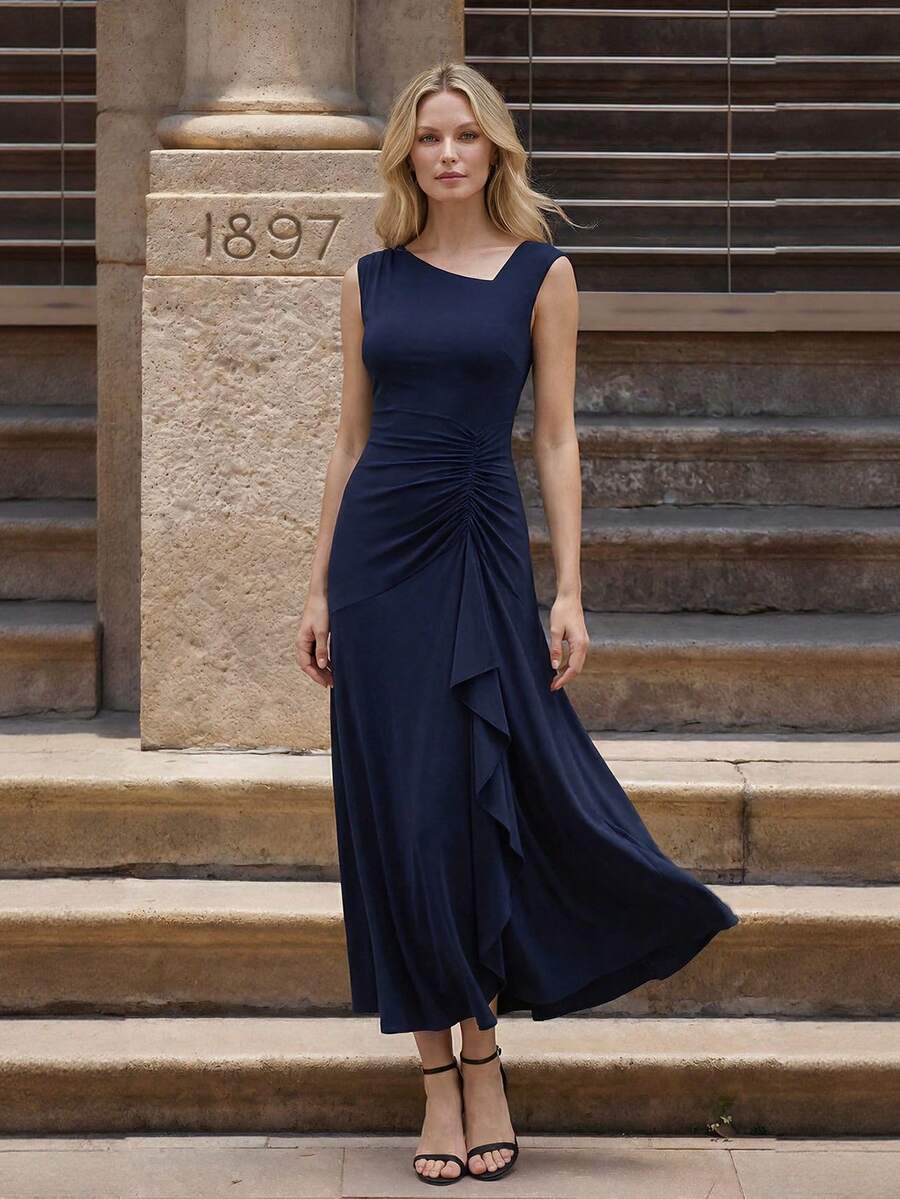Elegant Long Asymmetrical Neck Ruched Bust Cap Sleeve Detail High Stretch Fabric Bridesmaid Dress Or Party And Classy Event - Navy Blue - View 1