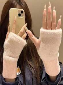 1piar Fashionable Minimalist Women's Fingerless Gloves Premium Soft Knit Fabric Plush Lined White Color Half-Finger Warm Winter Gloves Solid-Color Versatile Student-Friendly Lightweight 20g Cozy Stretchable Suitable For Home Daily Commute Travel Outdoor Business Trips Parties Gatherings Gifting Perfect Gift For Juniors Couples Spouses Colleagues Friends Elders Kids Classmates Teachers Limited To 1PC Per Customer Great For Keeping Hands Warm Ensuring Finger Dexterity And Adding Timeless Style To Winter Outfits - 白色 - 查看 4