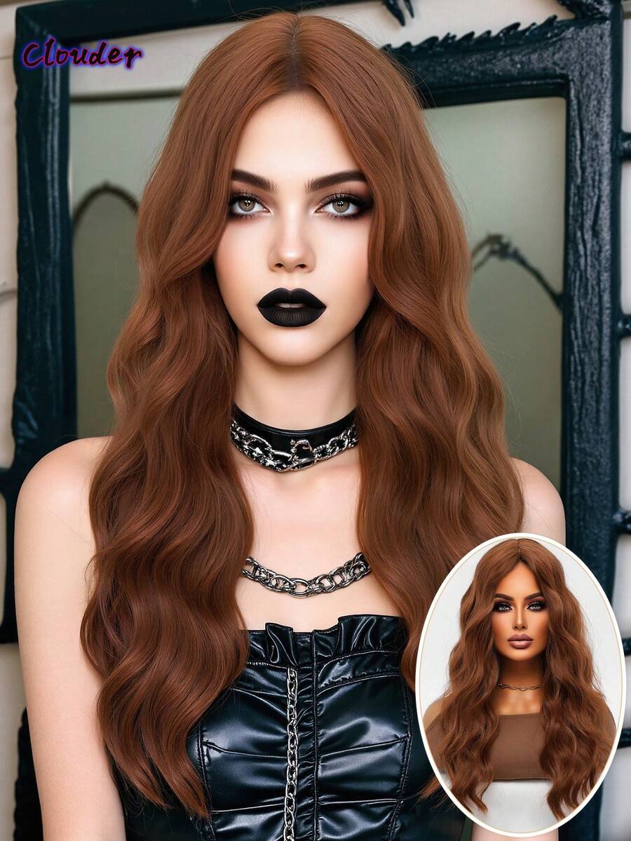 clouder Gothic Punk Brown Long Wavy Curl Wig 26-Inch Center-Parted Bangs Heat-Resistant Synthetic Fiber Wig Women's Soft And Fluffy Curls Suitable For Daily Cosplay, Street Style, Holiday Parties, Music Festivals, Y2K Aesthetic, Avant-Garde College Style, Modern Fashion Punk Looks - 棕色 - 查看 1