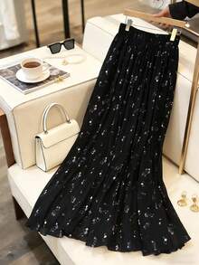 Boho 2026 Noutăți Primăvara și Toamna Oversize Reversibil, Tul de înaltă calitate, Floral Casual la modă, Stil ușor - Noutate: Fustă lungă evazată, linie A, cu talie înaltă, plisată, cu imprimeu floral, linie A, ținute de brunch pentru femei, negru - Negru - Vizualizare 3