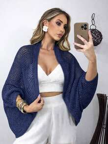 Women's Kimono Cocoon Cape, Knitted Crochet Stitch, Timeless Beach Cover-Up, Winter/Summer Fashion, Casual Beachwear - 藏蓝色 - 查看 1