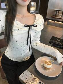New Korean Style Polka Dot Oblique Collar Long Sleeve Women Blouse With Unique Bow Design, Slim Fit And Versatile - Apricot - View 3