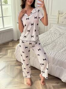 2pcs Women's Spring/Summer Butterfly Print V-Neck Pajama Set, Short Sleeve Top And Long Pants Sleepwear Set - White - View 4