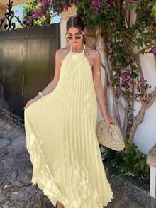 2026 Spring/Summer New Fashionable Elegant Casual Commute Daily Date Holiday Travel Tea Party Beach Backless Pleated Dress, Suitable For Valentine's Day, Party - Yellow - View 7