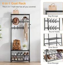Coat Rack With Shoe Storage And Bench, Shoe Rack And Coat Rack – Hallway Bench With 5 Hooks, Multifunctional Wood-Grain Hallway Storage Rack With Metal Frame - Black - View 6