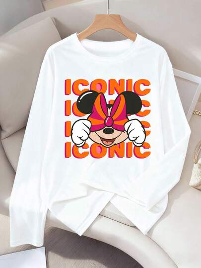 Disney Minnie Mouse Print Women's Casual Long Sleeve T-Shirt, Slightly Stretchy, Opaque, Easy Care Fabric, Suitable For Everyday Wear