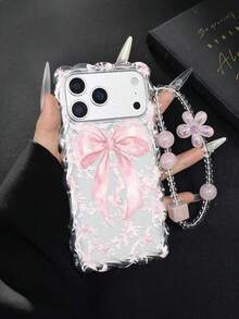 1pc Pink Continuous Bow Unique Elegant Design 2D Print Transparent Braided Frame Anti-Drop Phone Protective Case, Matching Pink Bracelet, Suitable For Self-Use, Girlfriend/Valentine's Day/Eid Gift, Compatible With IPhone11/12/13/14/15/16/16PRO/16PROMAX, Galaxy A05/A15/A25/A35/A53/A54/A55/S23/S24 - Clear - View 1