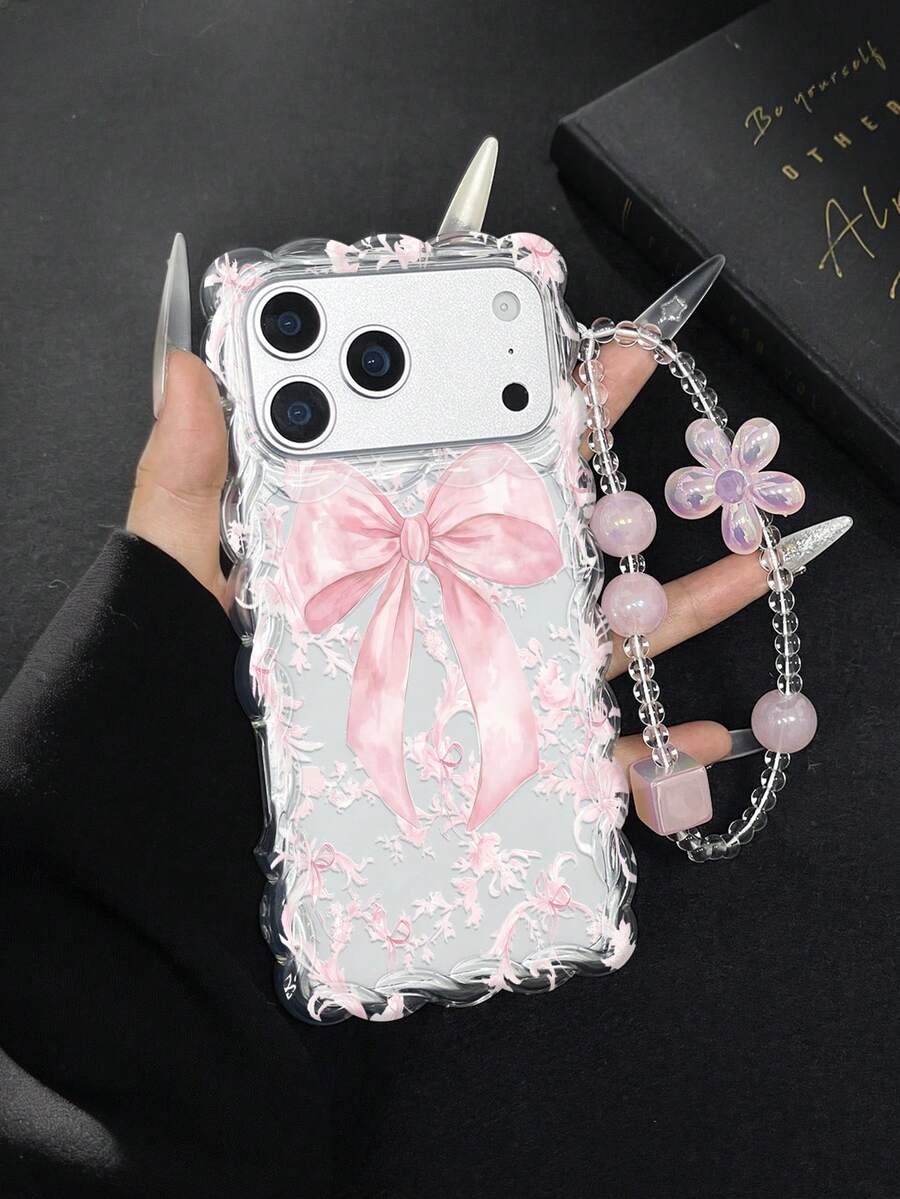 1pc Pink Continuous Bow Unique Elegant Design 2D Print Transparent Braided Frame Anti-Drop Phone Protective Case, Matching Pink Bracelet, Suitable For Self-Use, Girlfriend/Valentine's Day/Eid Gift, Compatible With IPhone11/12/13/14/15/16/16PRO/16PROMAX, Galaxy A05/A15/A25/A35/A53/A54/A55/S23/S24 - Clear - View 1