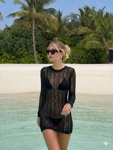 女士新款性感半透明针织罩衫连衣裙，适合度假、海滩和日常穿着 - 黑色 - 查看 1