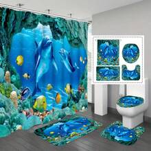 海豚图案浴帘套装，含12个挂钩的浴帘、防滑浴室垫、U型马桶垫、马桶垫、浴室配件 - MZ - 查看 14