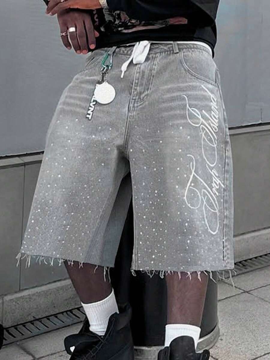 Men's Summer Casual Denim Shorts Knee Length Letter Embroidered Rhinestone Jeans Shorts - 淺灰色 - 查看 1