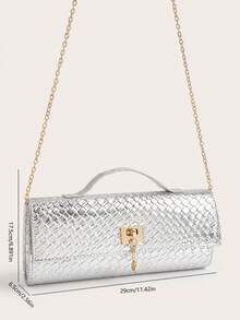 女士晚宴包，银色，奢华闪亮，编织纹理，金属装饰，晚礼服手拿包，法棍包款式，配有可拆卸肩带，适合婚礼、舞会、派对、节日聚会、宴会等场合。 - 銀色 - 查看 8