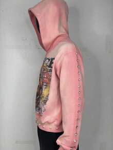Men's American Street Style Large Diamond With Three-Dimensional Printed Zipper Design Men's And Women's Loose Street  Hooded Sweatshirt - 粉紅色 - 查看 4