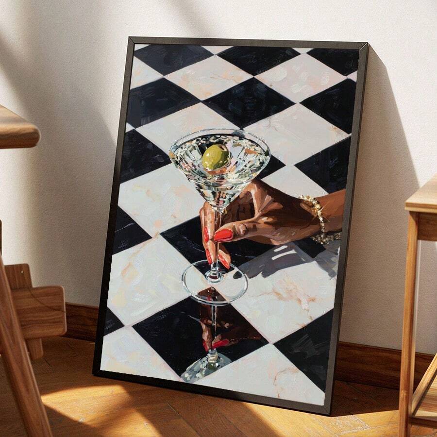 1幅复古鸡尾酒主题黑白格子地板印花帆布画，学院风马提尼酒杯海报，适用于酒吧推车和厨房家居装饰，可用于客厅、公寓、宿舍、酒吧间装饰，是送给她的礼物，可选择无框或有框。 - 圖案 - 查看 1