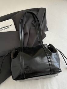 1pc Black Vintage Minimalist Solid Color PU Tote Bag, Large Capacity Women Shoulder Bag, Autumn/Winter - Black - View 4