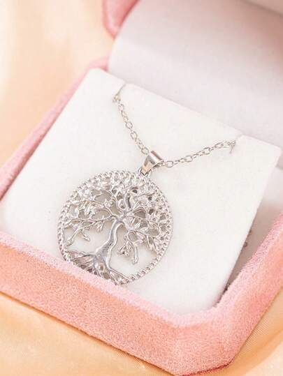 1件个性化创意生命之树镂空项链，时尚风格，金属银色男女通用吊坠项链，适合派对、聚会、郊游、日常穿搭以及作为礼物送给朋友。