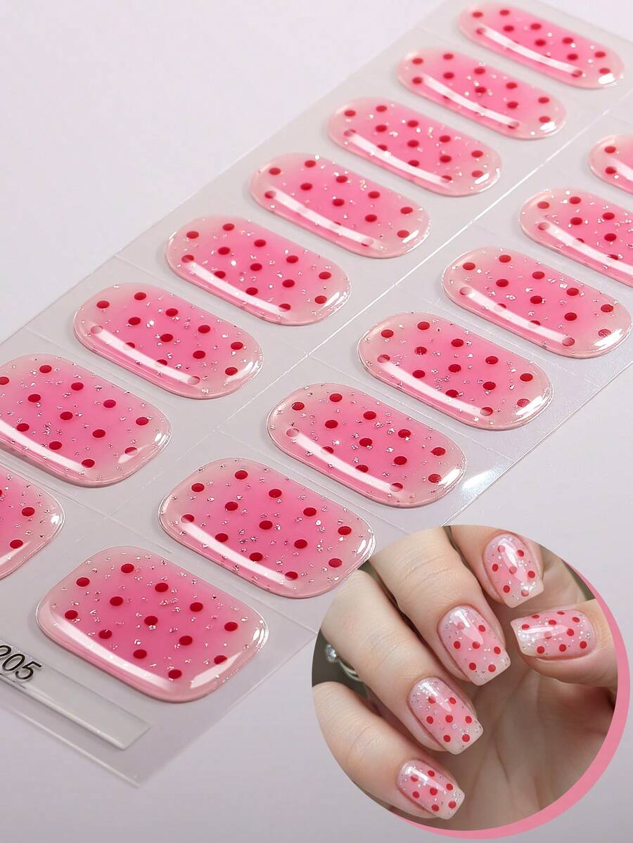 16pcs Semi-Cured Gel Nail Stickers, Winter Pink Polka Dot Laser Glitter Self-Adhesive UV Gel Nail Stickers, Salon Quality, Easy To Apply And Remove, Suitable For Women Christmas DIY Manicure - Pink - View 1