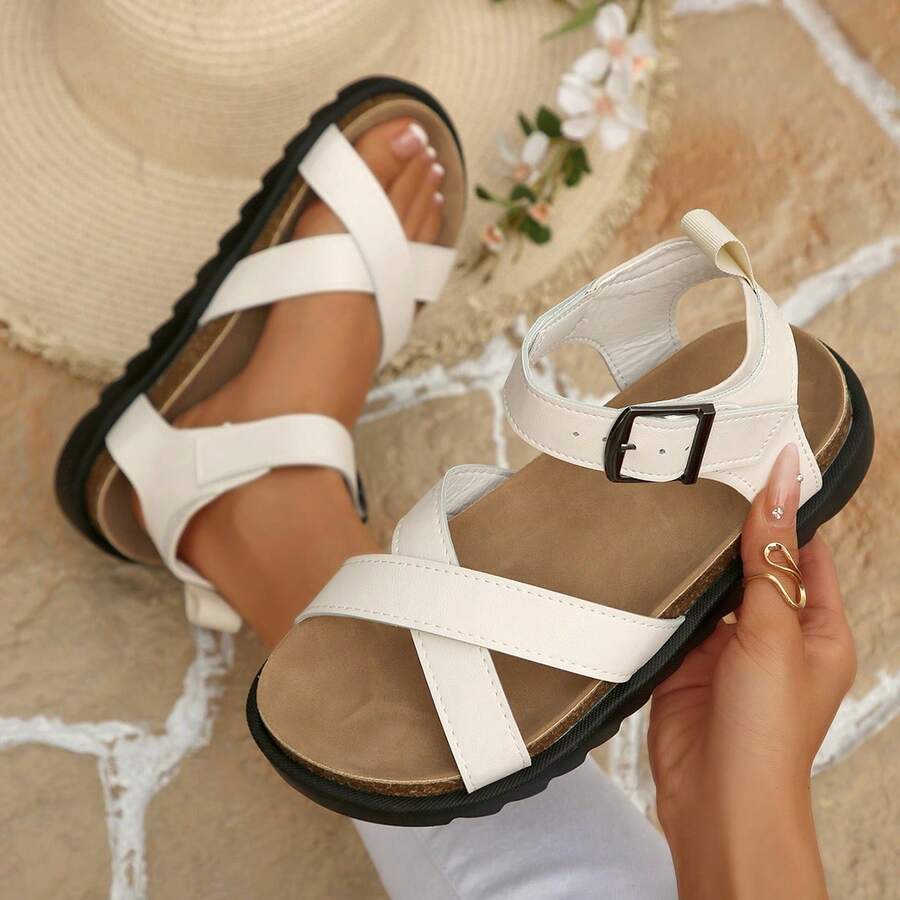 女士时尚厚底坡跟平底搭扣镂空交叉运动凉鞋 - 白色 - 查看 1