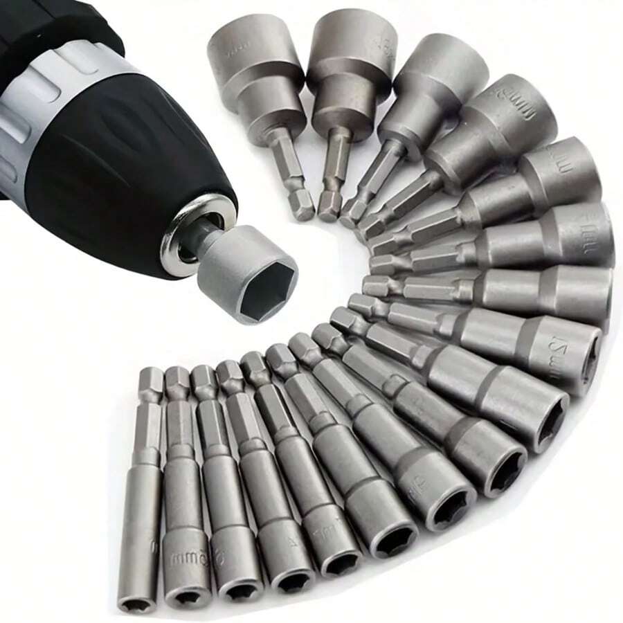 14件套电动螺母起子头组，1/4英寸六角柄CRV螺丝刀头，螺母起子套筒，电动工具头，5-13毫米，兼容手钻，含六角扳手 - ，可清洁钢