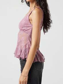 Women Summer Sleeveless Lace Floral Tank Tops V Neck Sheer Mesh Embroidered Ruffle Hem Tops Y2K Night Out Shirts - Màu tím - Xem 2